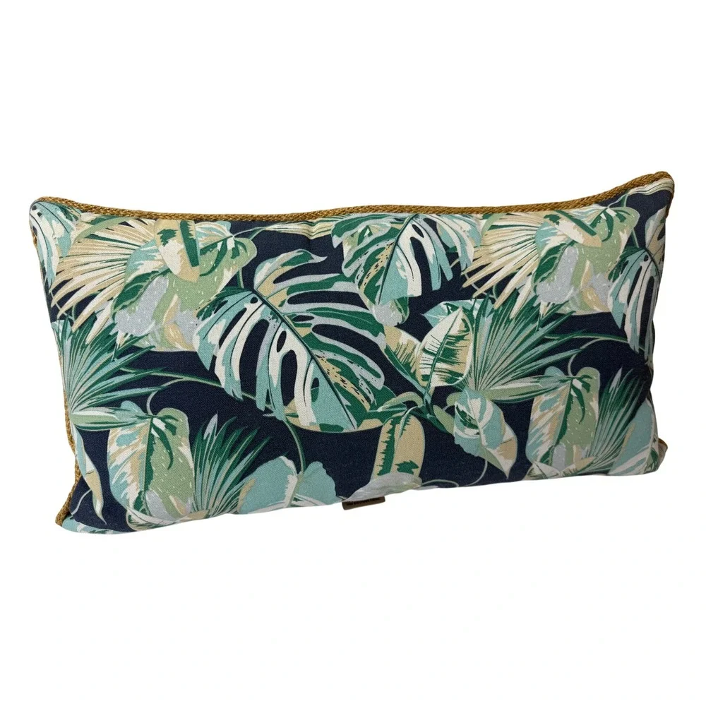Allen + Roth Bengal Tiger Tropical Palm Lumbar Pillow Navy Blue Jute Trim 20x11